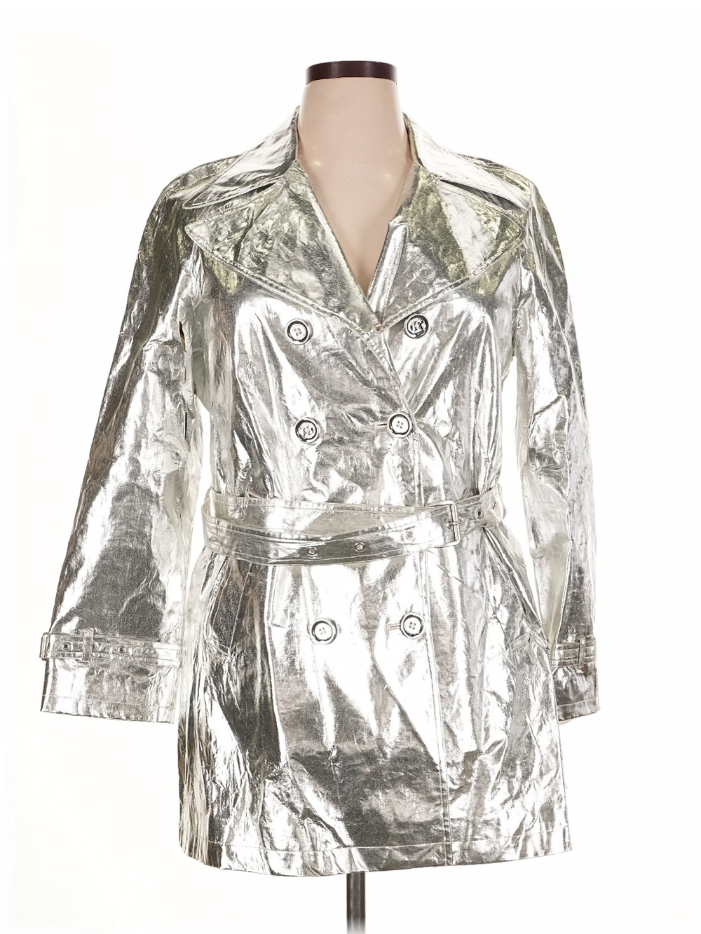 Michael Kors Metallic Silver Double-Breasted Trench Coat